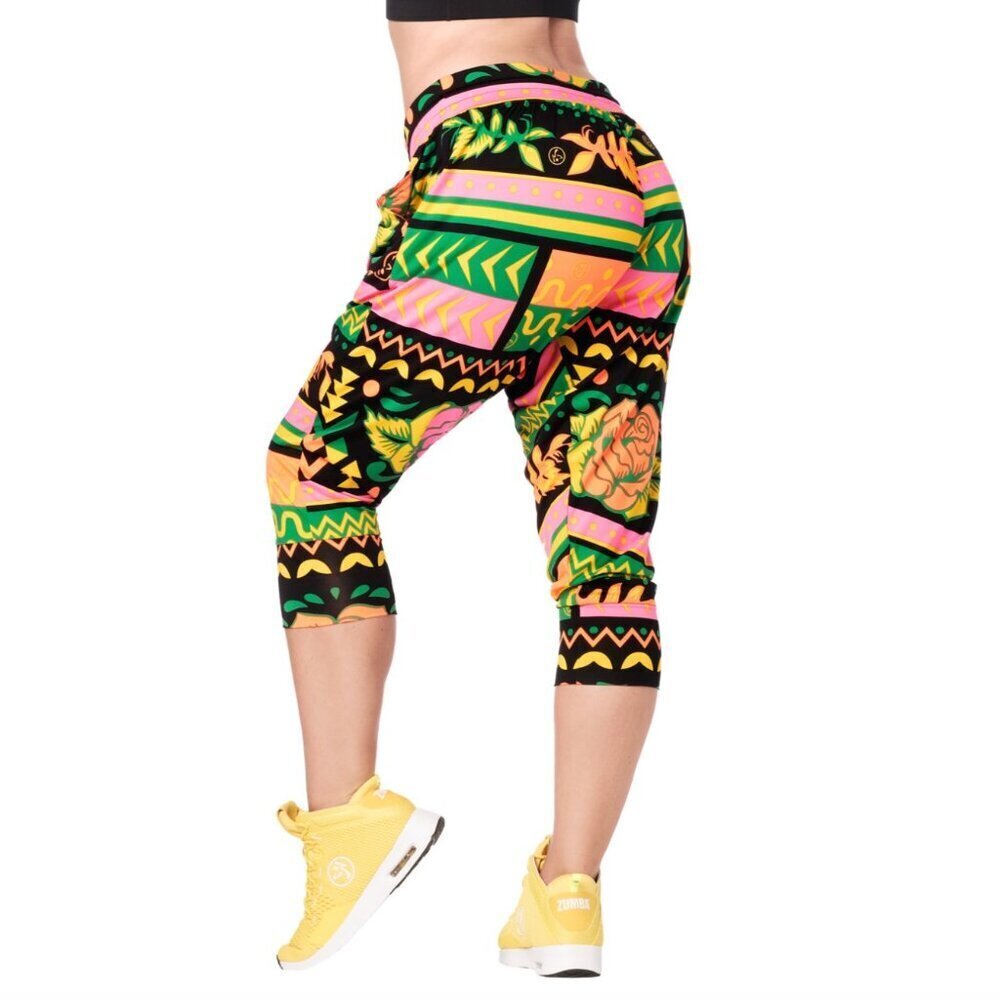 Zumba Dance Tribe Capri Harem Drawstring Colorful Print Dance Pants, Small Spicy - Picture 4 of 12